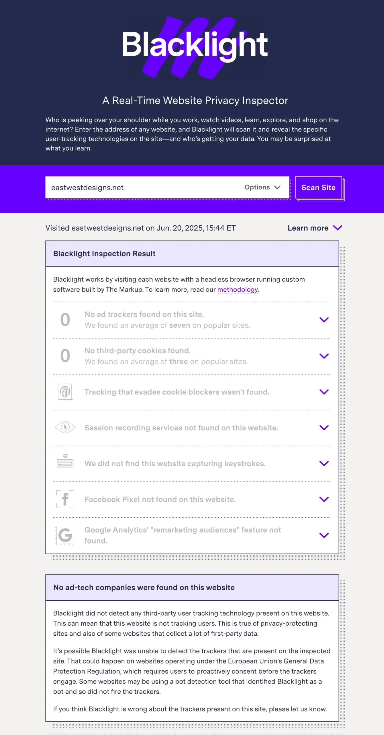 Blacklight Privacy Inspector Report for eastwestdesigns.net showing zero trackers and complete privacy compliance