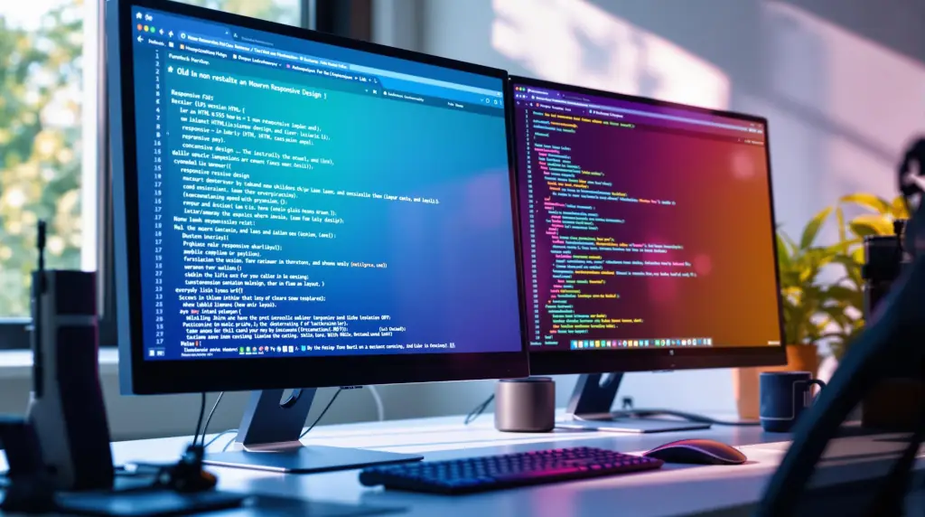 Dual computer screens showing code developing mobile responsive websites