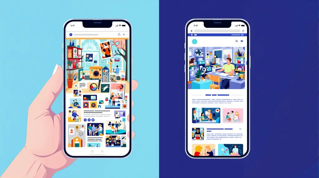 Side-by-side comparison of non-responsive vs responsive web design on mobile device showing poor mobile user experience with tiny text and buttons versus optimized mobile-first website design