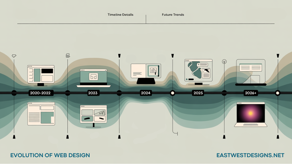Timeline visualization showing web design evolution through 2025 and beyond. Features progression from traditional design elements to emerging technologies like AI personalization and voice interfaces. Created by East West Designs to illustrate future web development trends.