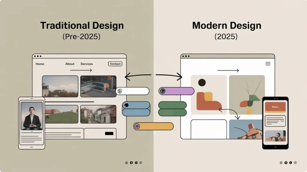 Side-by-side comparison showing website design evolution: traditional 2020 layout versus modern 2025 design principles. Left shows cluttered navigation and dense content, right demonstrates minimalist layout with dynamic elements. Interactive markers highlight key UX improvements.