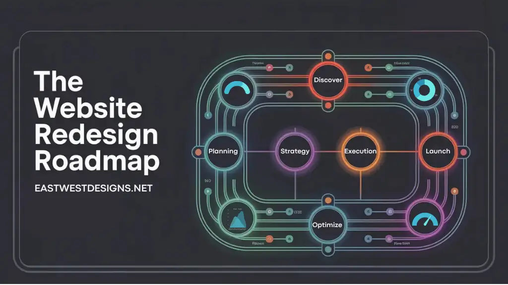 Website redesign strategies infographic showing four main phases: Planning, Strategy, Implementation, and Launch. Circular flow diagram illustrates interconnected steps with progress indicators and key activities at each stage. Created by East West Designs of Sioux Falls.